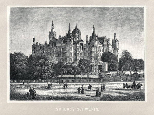 Schwerin:  Schloßansicht,. Originaler Holzstich mit Tonplatte um 1885
