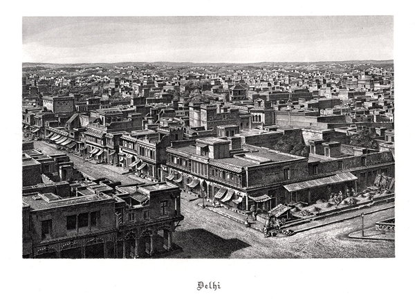 INDIEN: Delhi, Ansicht aus der Vogelschau. Originaler, alter Stahlstich um 1885
