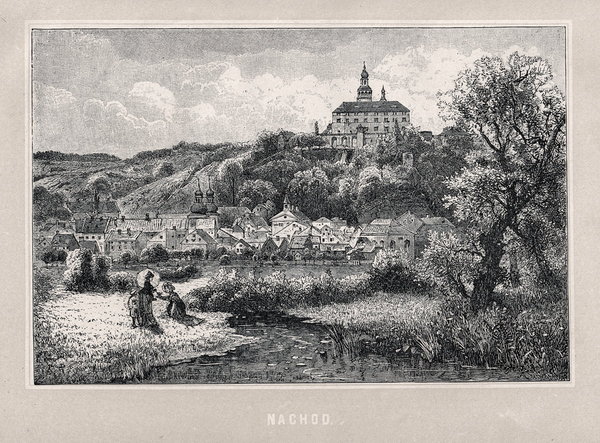Nachod in Böhmen:  Gesamtansicht . Originaler Holzstich mit Tonplatte um 1885