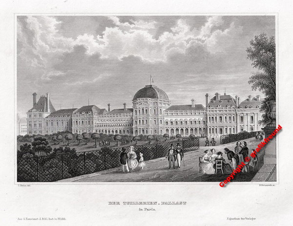 Paris: Der Tuillerien- Palast Originaler Stahlstich um 1850