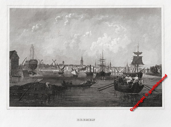 Bremen. Ansicht vom Hafen aus Originaler Stahlstich um 1840