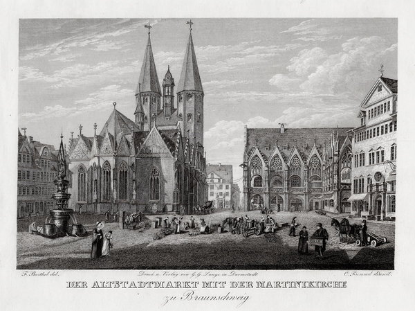 Braunschweig. Altstadtmarkt Mit der Martinikirche Großer Stahlstich um 1843