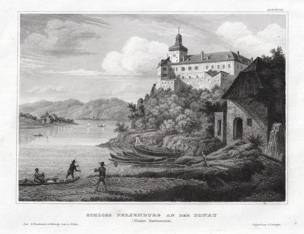 Persenburg an der Donau. Schloß. Originaler Stahlstich um 1840