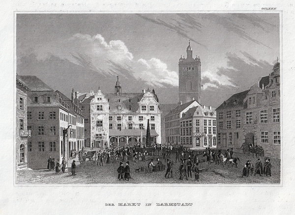 Darmstadt. Der Marktplatz Originaler Stahlstich um 1850