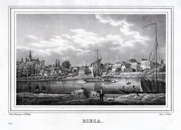 RIESA: Gesamtansicht:. Originale Kreidelithographie um 1840