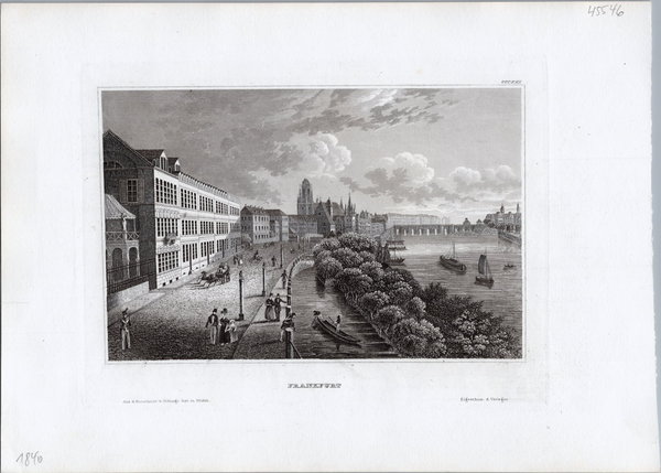 FRANKFURT / Main. vom Mainufer aus. Originaler Stahlstich um 1840