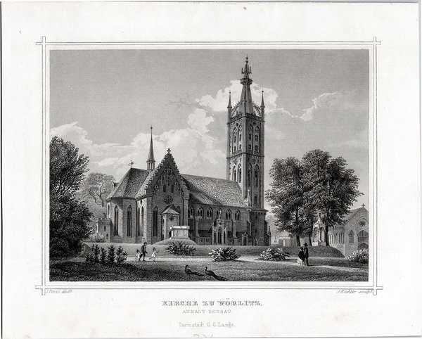 Wörlitz / Dessau: Die Kirche, Originaler Stahlstich, Richter um 1850