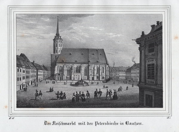 Bautzen. Der Fleischmarkt mit dem Dom Lithographie aus Saxonia um 1840