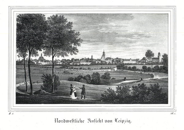 Leipzig:  Nordwestliche Ansicht:. Originale Kreidelithographie um 1840