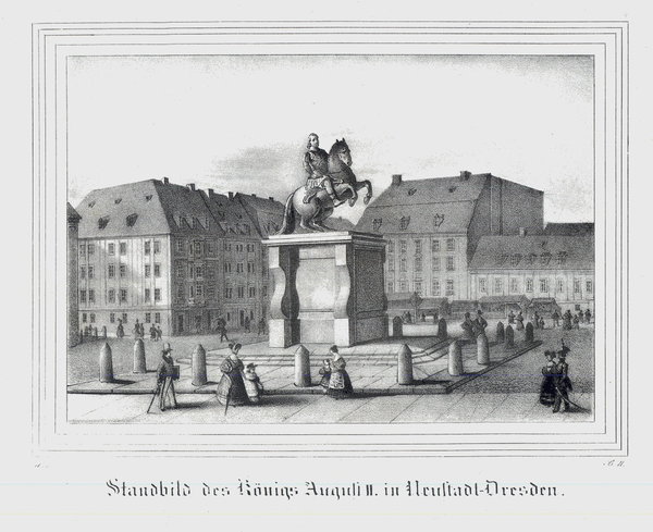 DRESDEN Neustädter Markt - Goldener Reiter Lithographie aus Saxonia um 1840