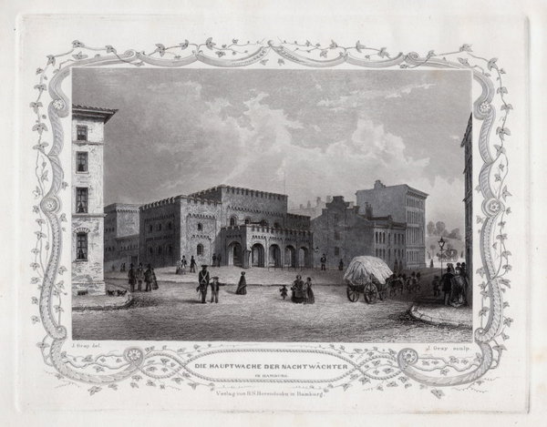 HAMBURG: Hauptwache der Nachtwächter ., Originaler Stahlstich, James Gray 1852