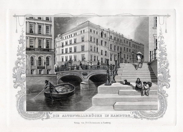 HAMBURG: Altenwallbrücke ., Originaler Stahlstich, James Gray 1852