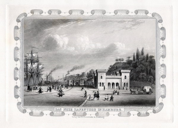 HAMBURG: Das neue Hafentor ., Originaler Stahlstich, James Gray 1852