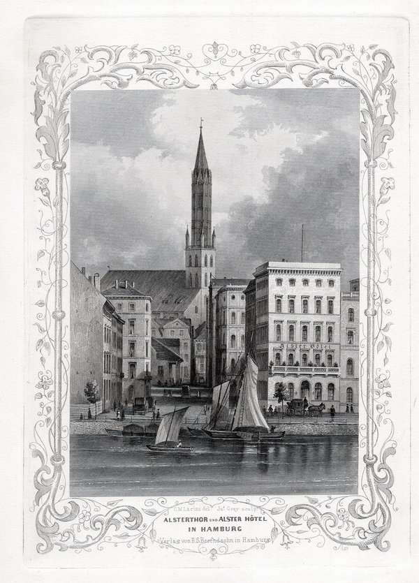 HAMBURG: Alstertor und Hotel, Originaler Stahlstich, James Gray 1852