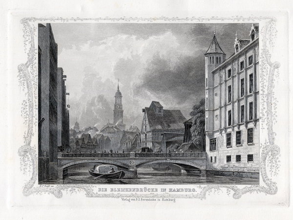 HAMBURG: Bleichenbrücke, Originaler Stahlstich, James Gray 1852