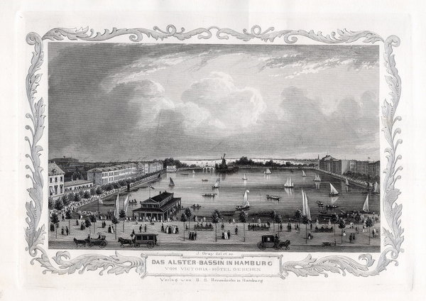 HAMBURG: Das Alster Bassin, Originaler Stahlstich, James Gray 1852