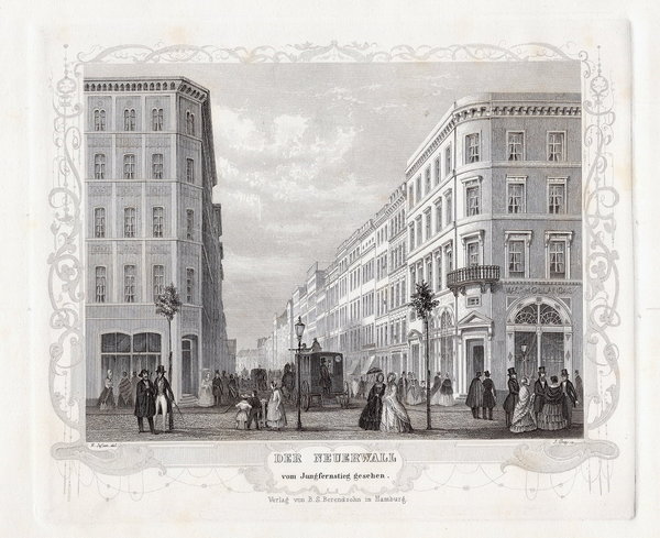 HAMBURG: Neuer Wall vom Jungfernstieg, Originaler Stahlstich, James Gray 1852