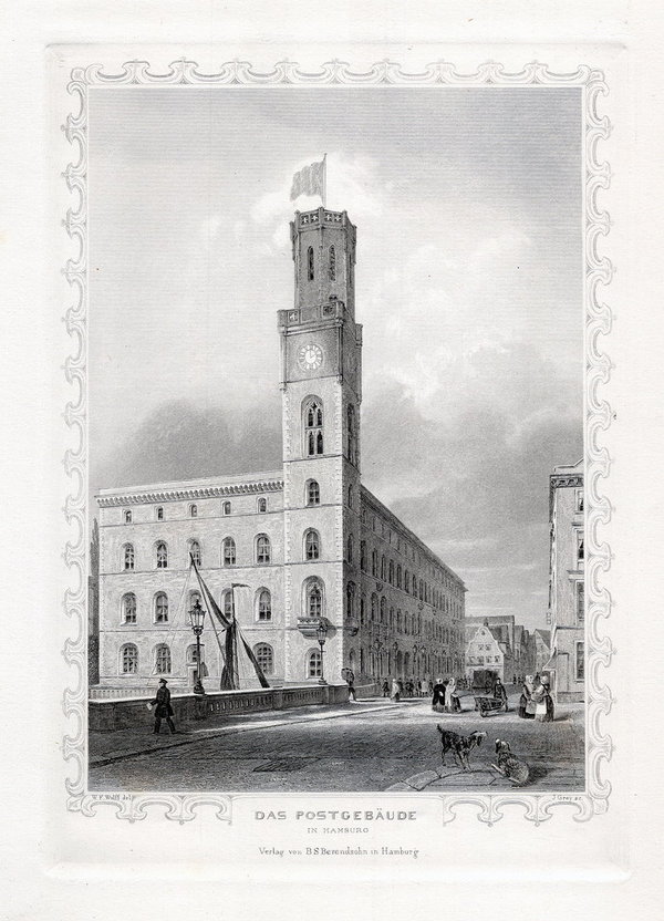HAMBURG: Das Postgebäude, Originaler Stahlstich, James Gray 1852
