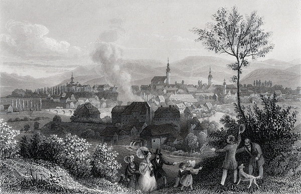 Riesengebirge: Hirschberg. Originaler Stahlstich, Payne um 1850