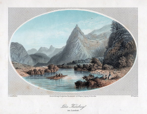 Landeck in Tirol: Die Kronburg, Stahlstich mit 2 Tonplatten um 1850