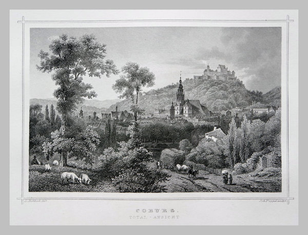 Coburg. Total Ansicht. Originaler Stahlstich, Poppel um 1850