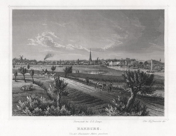 Hamburg-Harburg. Ansicht von der Neulander Fähre. Originaler Stahlstich um 1850