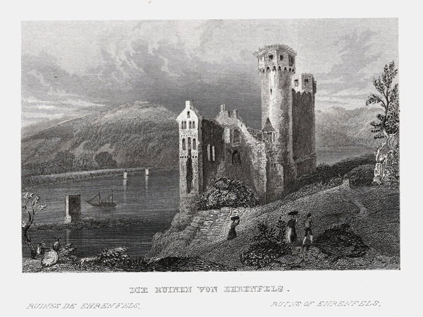 Ehrenfels. Ansicht der Burgruine . Echter Stahlstich von Geib 1838