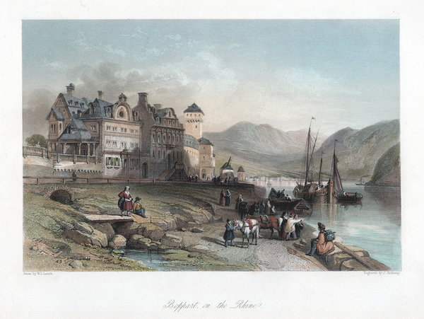 Boppart am Rhein Original Stahlstich um 1840 Handcol.