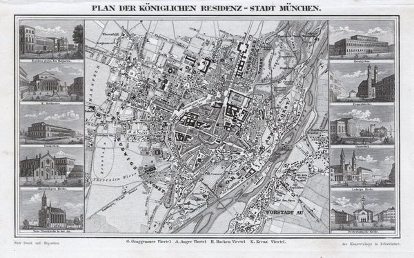 München. Stadtplan. Originaler Stahlstich, Kunstverlag 1843