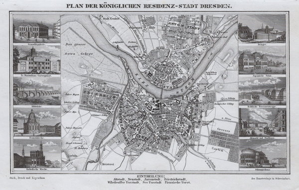 Dresden. Stadtplan. Originaler Stahlstich, Kunstverlag 1843 (47357)