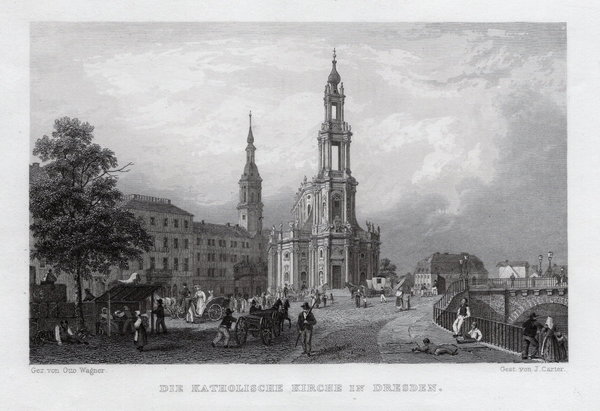 Dresden Hofkirche, echter Stahlstich, Carter um 1840 (47361)