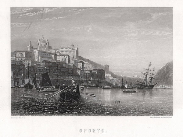 Oporto, Portugal. Gesamtansicht. Original Stahlstich um 1850