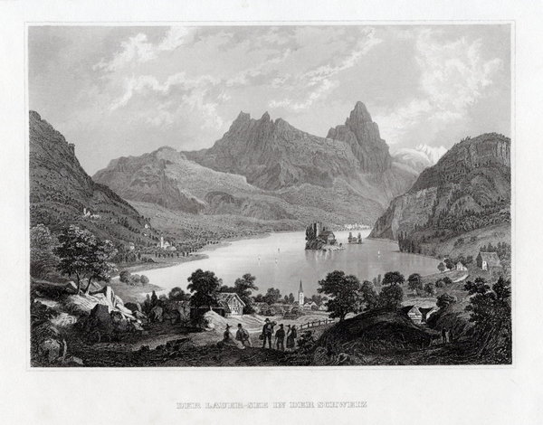 Der Lauer- (oder Lowerz-) See in der Schweiz. Original Stahlstich um 1850