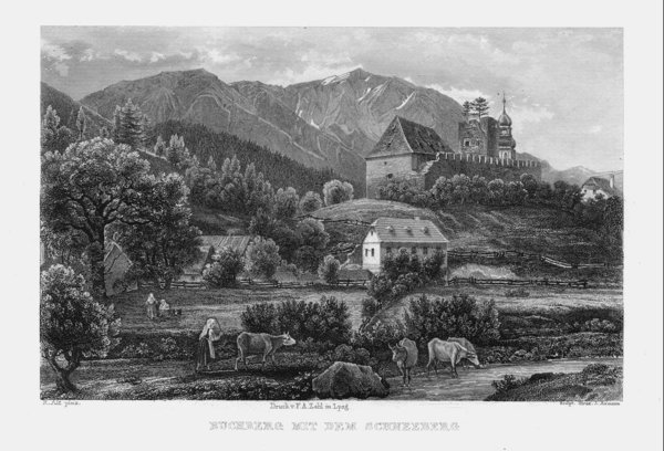 Buchberg mit dem Schneeberg . Originaler Stahlstich um 1850