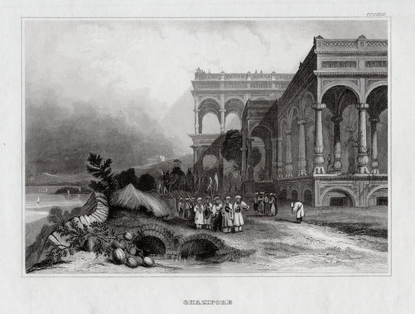 Indien: Ghazipore, Hindu-Tempel Originaler Stahlstich um 1840