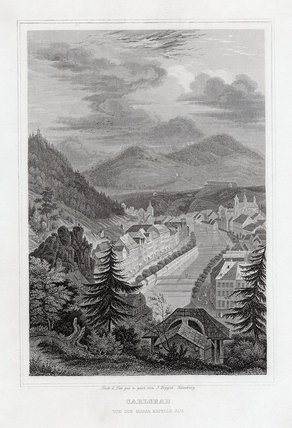 Karlsbad in Böhmen. Von der Maria Kapelle Originaler Stahlstich um 1850