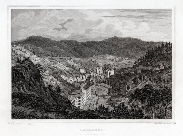 Karlsbad in Böhmen. Vom Belvedere aus Originaler Stahlstich um 1850