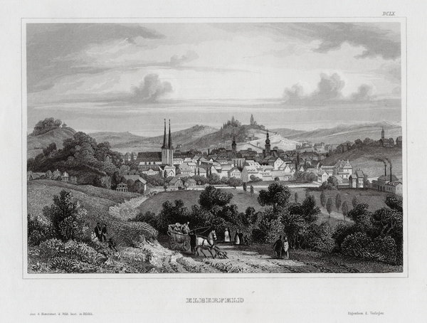 Elberfeld, Gesamtansicht. Originaler Stahlstich BI um 1850