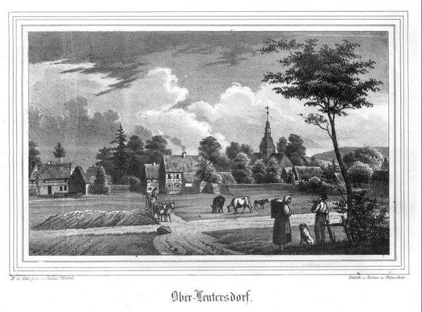 Ober-Leutersdorf Kr. Görlitz, Teilansicht. Originale Lithographie um 1840