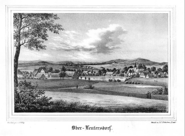 Ober-Leutersdorf Kr. Görlitz, Gesamtansicht. Originale Lithographie um 1840