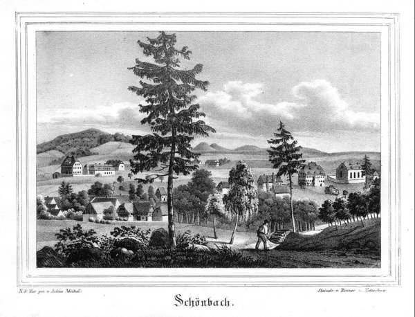 Schönbach Kreis Görlitz. Originale Lithographie um 1840