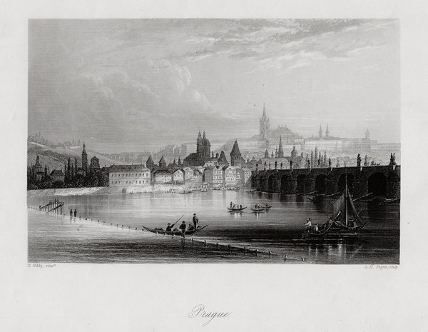 Prag, Tschechien, Gesamtansicht, echter Stahlstich, um 1860