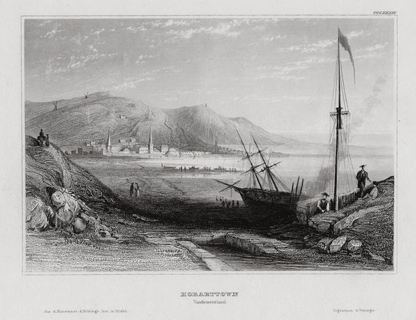 Hobarttown Vandiemensland, Tasmanien, echter Stahlstich um 1840