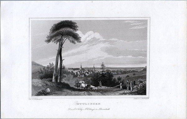 Ettlingen. Gesamtansicht, Originaler Stahlstich, Hoffmeister um 1850