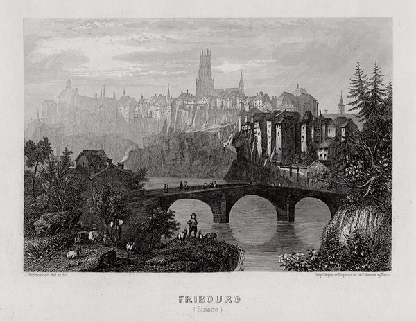 Freiburg in der Schweiz. Original Stahlstich um 1850
