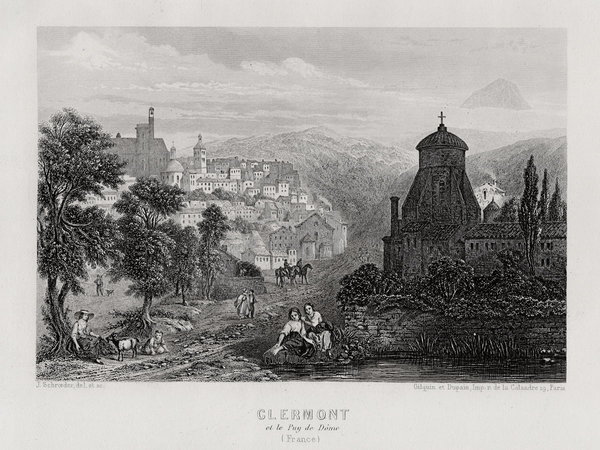 Clermont et le Puy de Dome. Originaler Stahlstich um 1850