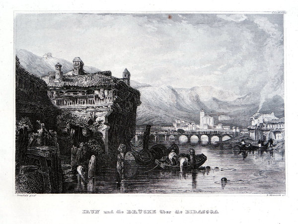 Spanien: Irun und die Brücke über die Bidassoa, Originaler Stahlstich um 1840