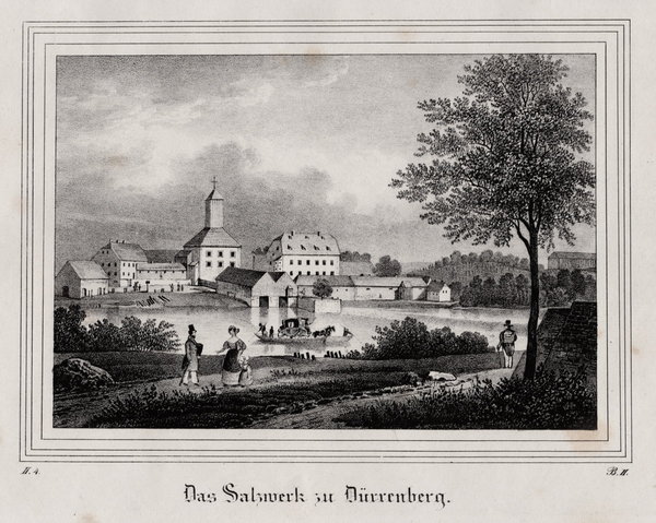 Bad Dürrenberg. Das Salzwerk. Originale Lithographie aus Saxonia um 1840