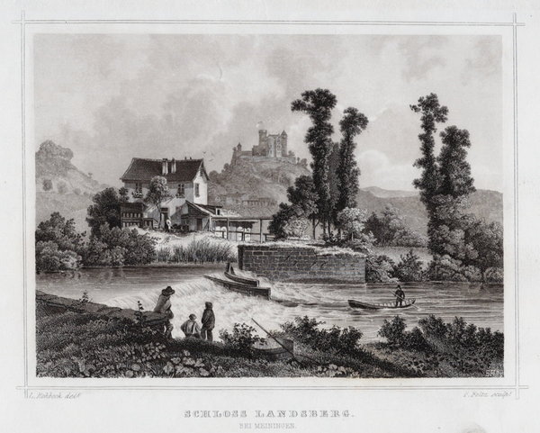 Schloss Landsberg bei Meiningenl Originaler Stahlstich Foltz um 1860