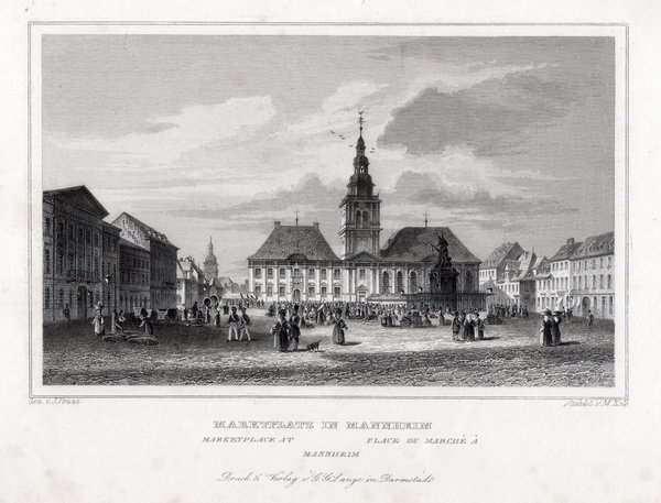 Mannheim. Der Marktplatz, echter Stahlstich, Kolb um 1850